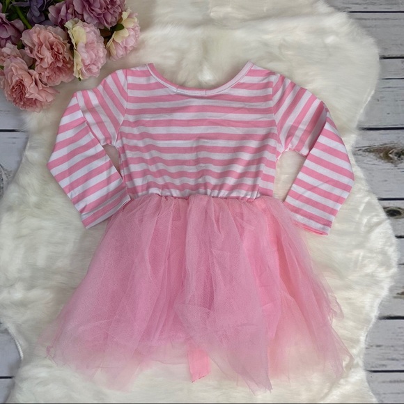 2nd Birthday Long Sleeve Pink Striped Dress with Tulle Skirt - Picture 5 of 8